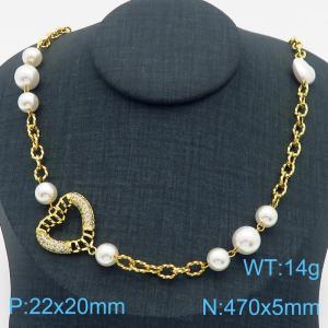 470mm Gold-Plated Stainless Steel&Shell Beads Necklace with Elegant Love Heart Pendant - KN282758-SP