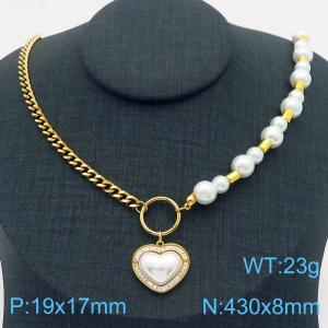 430mm Women Gold-Plated Stainless Steel&Pearl Beads Neckalce with Rhinestones&Shell Love Heart Pendant - KN282765-SP