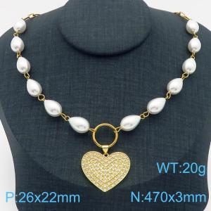 470mm Women Stainless Steel&Shell Links Necklace with  Rhinestones Love Heart Pendant - KN282767-SP