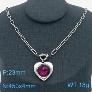 Personalized and trendy stainless steel stone inlaid peach heart necklace in steel color - KN282786-Z