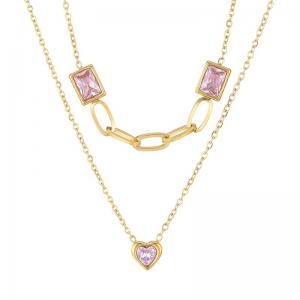 Fashionable and personalized stainless steel double-layer mixed chain with pink glass heart-shaped pink glass square charm gold necklace - KN282937-SP