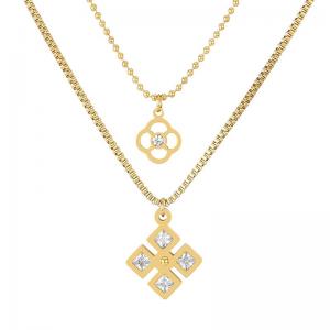 Fashionable and personalized stainless steel double-layer mixed chain with hollow geometric inlay diamond cross pendant gold necklace - KN282940-SP