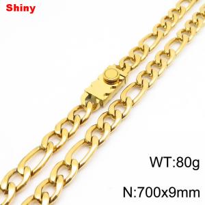 9mm 70cm minimalist polished plain chain toothed stainless steel square buckle 3:1 Figaro necklace - KN284849-Z