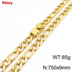 9mm 75cm minimalist polished plain chain toothed stainless steel square buckle 3:1 Figaro necklace - KN284850-Z