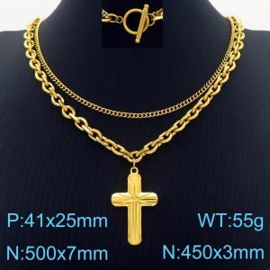 Trendy and personalized stainless steel cross double layered necklace - KN287413-Z