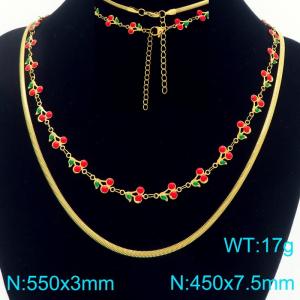 Boho Cherry Charm Bracelet Women's Gold Color Stainless Steel Double Chain Jewelry - KN293028-Z
