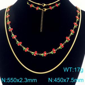Boho Cherry Charm Bracelet Women's Gold Color Stainless Steel Double Chain Jewelry - KN293032-Z