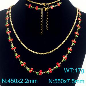 Boho Cherry Charm Bracelet Women's Gold Color Stainless Steel Double Chain Jewelry - KN293034-Z