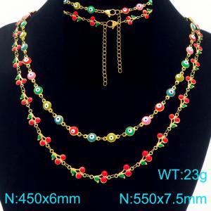 Boho Cherry Charm Bracelet Women's Gold Color Stainless Steel Double Chain Jewelry - KN293115-Z