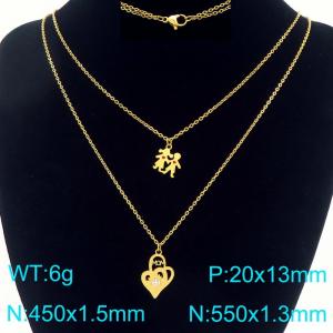 Mother's Day gift design: stainless steel double-layer layered necklace paired with male and female heart-shaped mom pendants - KN293286-Z
