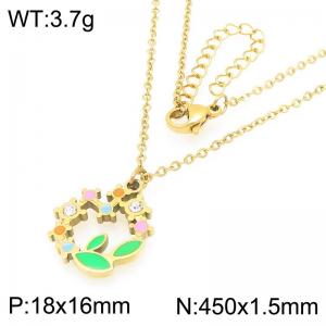 Fashionable countryside style stainless steel necklace paired with diamond studded colorful green leaf pendant - KN293298-Z