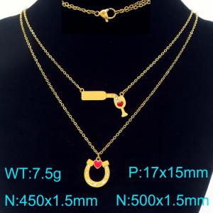 Fashionable stainless steel double layered necklace with red wine glass and U-shaped horseshoe pendant - KN293304-Z