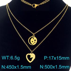 Fashionable stainless steel double-layer layered necklace paired with hollowed out star moon and diamond studded heart-shaped pendant - KN293305-Z