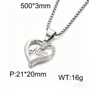 Diamond studded hollow heart-shaped Mom letter Mother's Day gift stainless steel necklace - KN293327-K