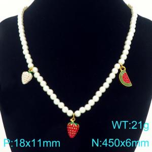 Fashionable stainless steel countryside feng shui fruit strawberry pearl necklace - KN295386-Z