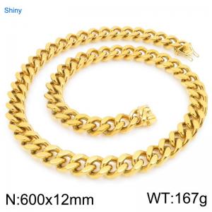 12mm Wide 600cm Long Stainless Steel Necklace Cuban Chain Shiny Gold Color - KN295530-ZLY