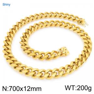 12mm Wide 700cm Long Stainless Steel Necklace Cuban Chain Shiny Gold Color - KN295532-ZLY