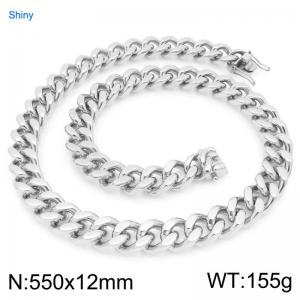 12mm Wide 550cm Long Stainless Steel Necklace Cuban Chain Shiny Silver Color - KN295536-ZLY
