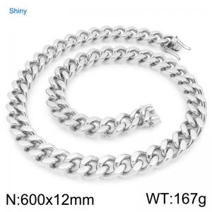 12mm Wide 600cm Long Stainless Steel Necklace Cuban Chain Shiny Silver Color - KN295537-ZLY