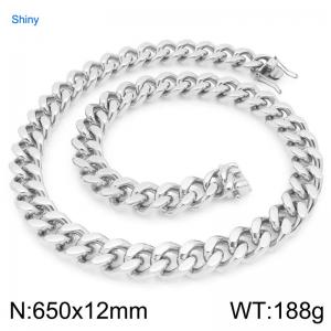 12mm Wide 650cm Long Stainless Steel Necklace Cuban Chain Shiny Silver Color - KN295538-ZLY