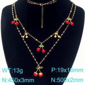 Stainless steel mixed and layered chain hanging multiple cherry pendants with elegant gold necklace - KN295799-Z
