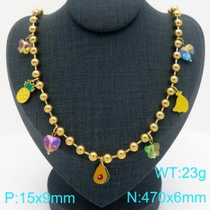 Stainless steel bead fine chain hanging fluorescent green butterfly imitation pearl pendant temperament gold necklace - KN295801-Z