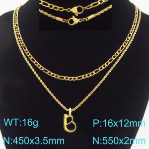 Personalized and fashionable stainless steel gold-plated double-layer layered necklace paired with diamond studded bubble letter pendant - KN296830-Z