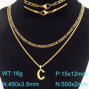 Personalized and fashionable stainless steel gold-plated double-layer layered necklace paired with diamond studded bubble letter pendant - KN296831-Z
