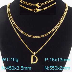 Personalized and fashionable stainless steel gold-plated double-layer layered necklace paired with diamond studded bubble letter pendant - KN296832-Z