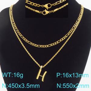 Personalized and fashionable stainless steel gold-plated double-layer layered necklace paired with diamond studded bubble letter pendant - KN296836-Z