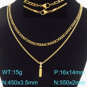 Personalized and fashionable stainless steel gold-plated double-layer layered necklace paired with diamond studded bubble letter pendant - KN296837-Z