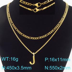 Personalized and fashionable stainless steel gold-plated double-layer layered necklace paired with diamond studded bubble letter pendant - KN296838-Z