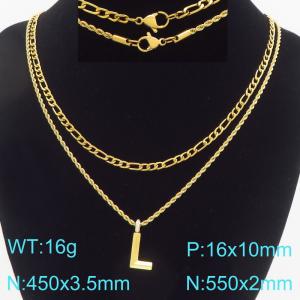 Personalized and fashionable stainless steel gold-plated double-layer layered necklace paired with diamond studded bubble letter pendant - KN296840-Z