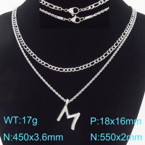 Personalized and fashionable stainless steel double-layer layered necklace paired with diamond studded bubble letter pendant - KN296867-Z