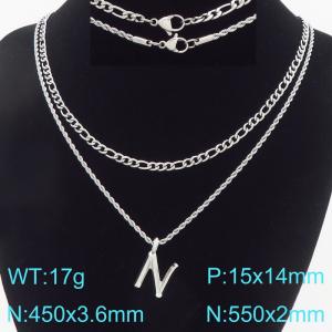Personalized and fashionable stainless steel double-layer layered necklace paired with diamond studded bubble letter pendant - KN296868-Z