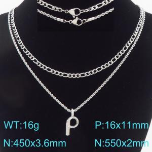 Personalized and fashionable stainless steel double-layer layered necklace paired with diamond studded bubble letter pendant - KN296870-Z