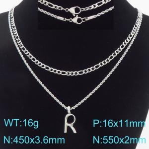Personalized and fashionable stainless steel double-layer layered necklace paired with diamond studded bubble letter pendant - KN296872-Z