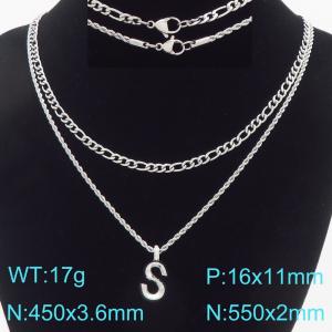 Personalized and fashionable stainless steel double-layer layered necklace paired with diamond studded bubble letter pendant - KN296873-Z