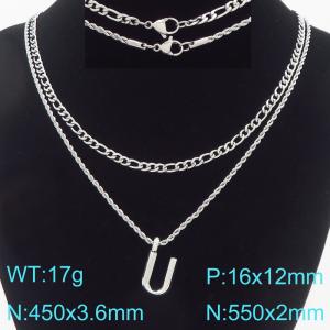 Personalized and fashionable stainless steel double-layer layered necklace paired with diamond studded bubble letter pendant - KN296875-Z