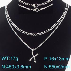 Personalized and fashionable stainless steel double-layer layered necklace paired with diamond studded bubble letter pendant - KN296878-Z