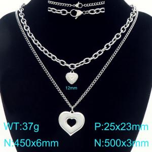 Personalized and fashionable stainless steel one large and one small double layered heart-shaped necklace - KN296938-Z