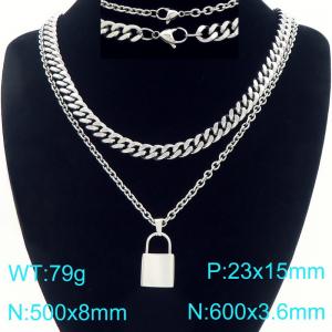 Personalized and fashionable stainless steel lock pendant, double-layer layered necklace - KN296940-Z