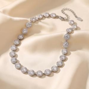 Stainless Steel Halo Cubic Zirconia Tennis Choker Necklace Adjustable Full Diamond Chain - KN303938-CAJY