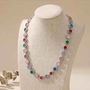 Stainless Steel Halo Cubic Zirconia Tennis Choker Necklace Adjustable Full Diamond Chain - KN303940-CAJY