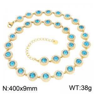 Dainty Gold Tone Stainless Steel Blue Rhinestone Halo Necklace, Sparkly Round Crystal Chain Necklace for Daily & Party Wear - KN304360-CAJY