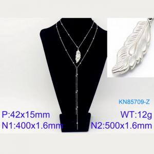 500mm Women Stainless Steel&Beads Double Chain Necklace with Vivid Leaf Pendant - KN85709-Z