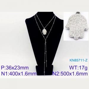 500mm Women Stainless Steel&Beads Double Chain Necklace with Fatima Hand Pendant - KN85711-Z