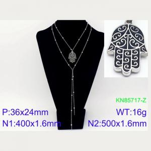 500mm Women Stainless Steel&Beads Double Chain Necklace with Black Fatima Hand Pendant - KN85717-Z