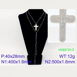 500mm Women Stainless Steel&Beads Double Chain Necklace with Christian Scripture Cross Pendant - KN85720-Z