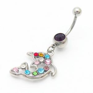 Stainless Steel Diamond  Dolphin Belly Button Ring Silver - KNB041-TLS
